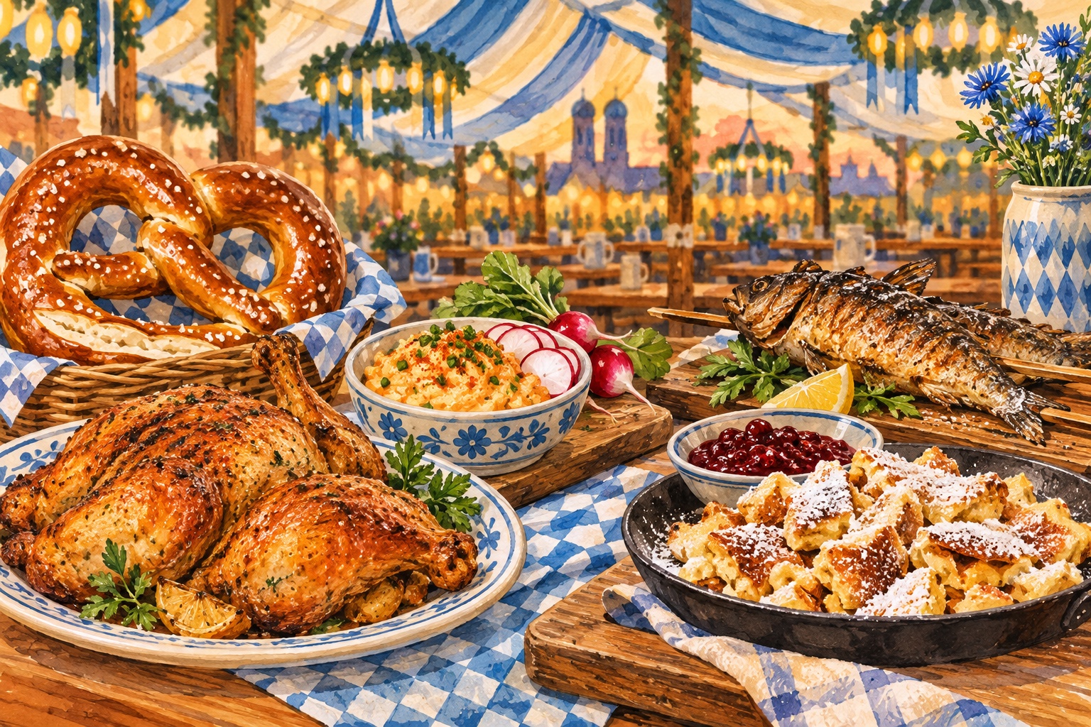 Illustration bayerischer Wiesn-Gerichte auf einem Tisch im Festzelt