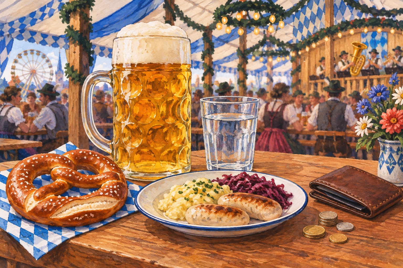 Illustration mit Maßkrug, Wasser, Essen und Geldbörse auf einem Festzelttisch