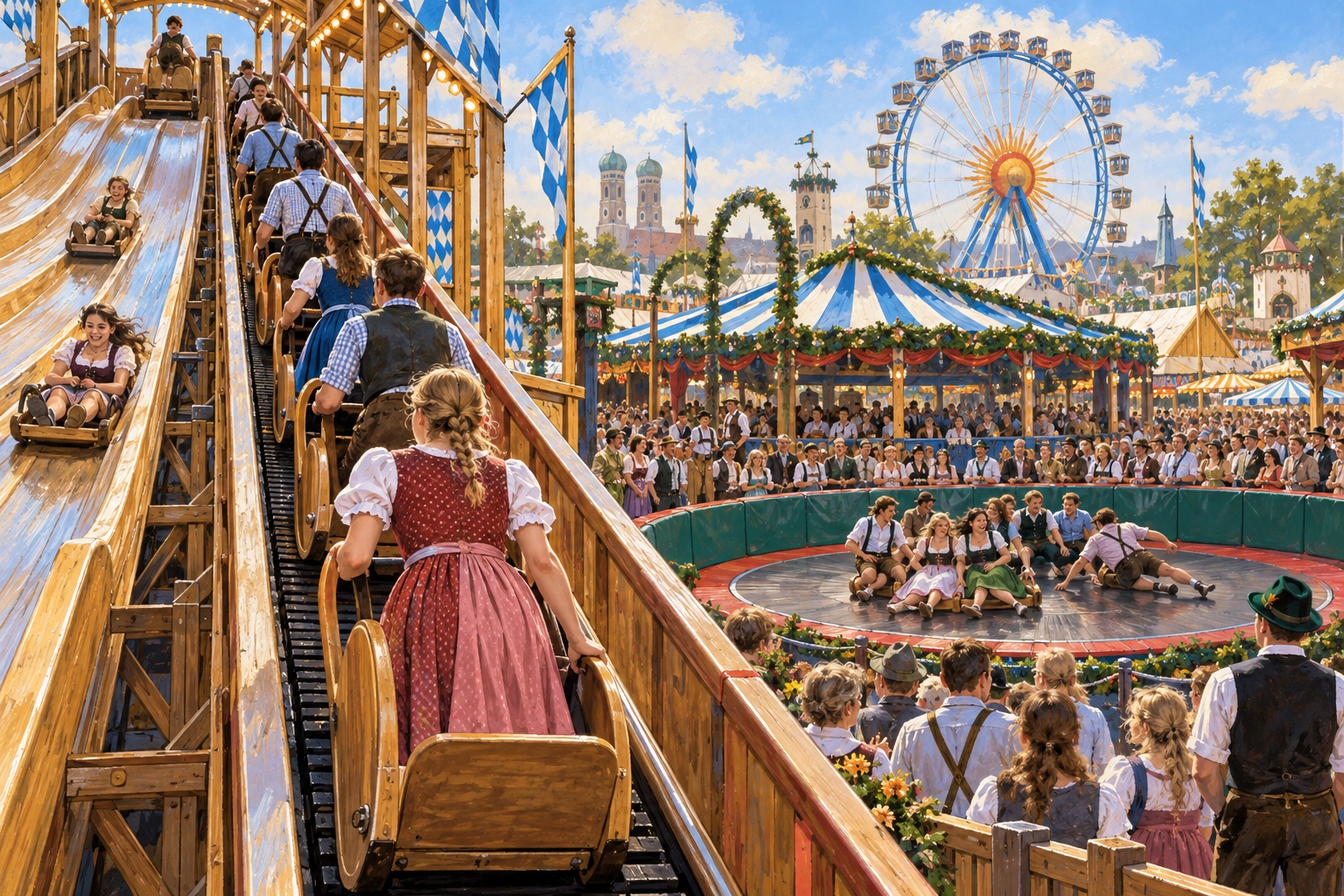 Illustration von Toboggan und Teufelsrad auf dem Oktoberfest-Festplatz