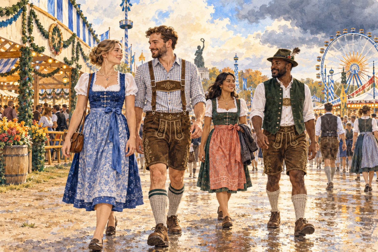 Illustration von erwachsenen Besuchern in Dirndl und Lederhose auf dem Oktoberfest