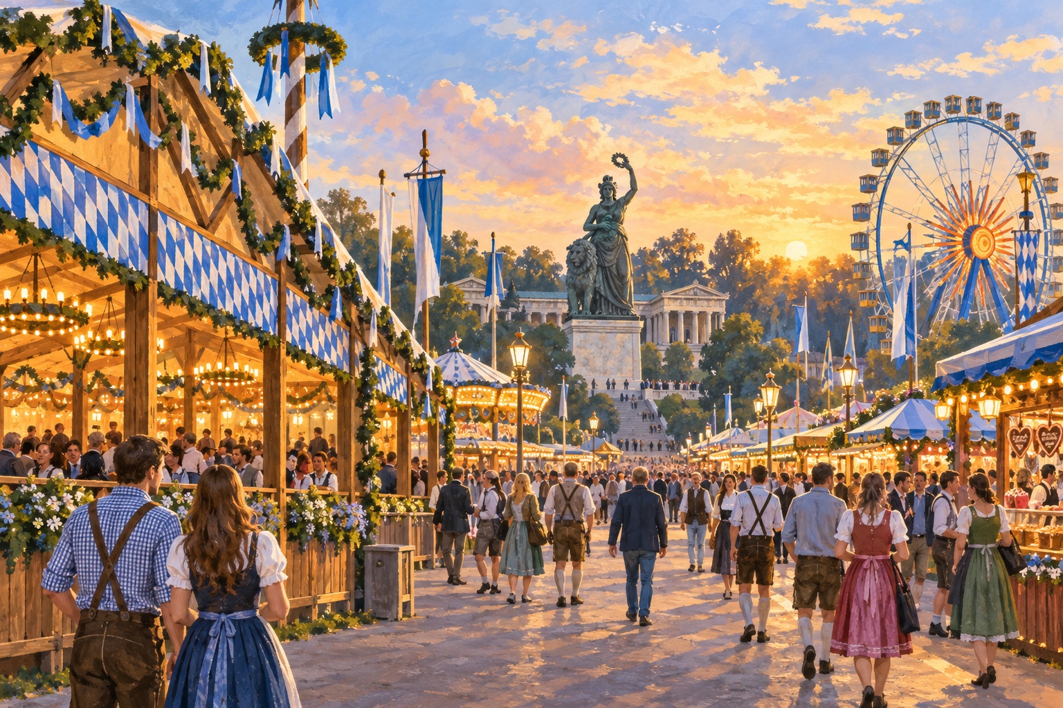 Illustration des Oktoberfestgeländes mit Zelten, Bavaria und Riesenrad