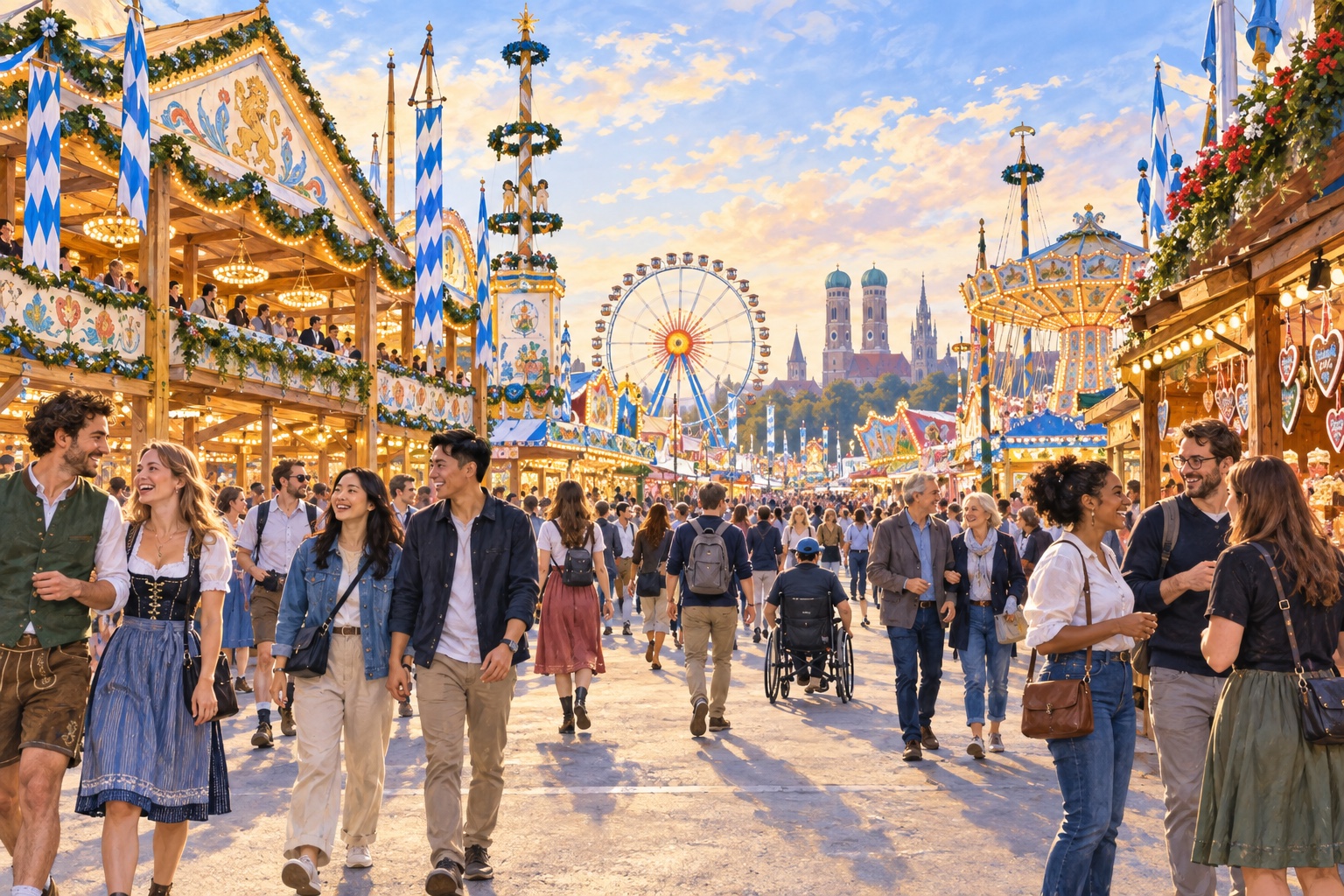 Illustration von Besuchern an einem belebten Oktoberfestwochenende