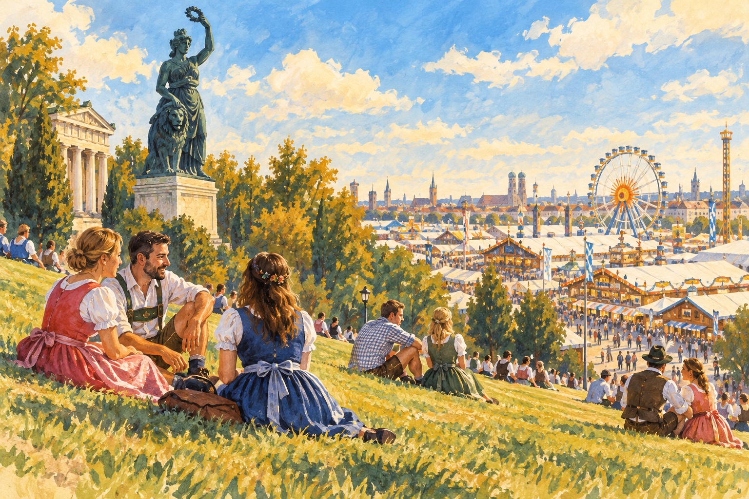Illustration von Gästen auf der Wiese nahe der Bavaria