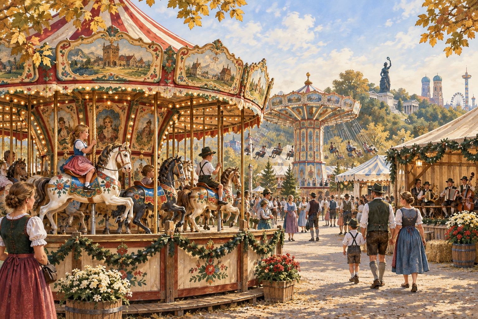 Illustration eines historischen Karussells auf der Oidn Wiesn