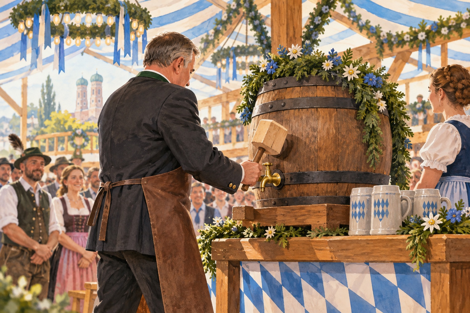 Illustration des Anstichs im Festzelt zum Wiesn-Auftakt