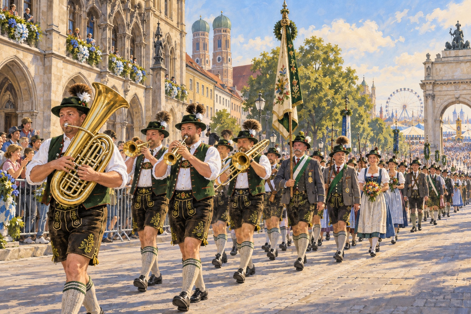 Illustration des Trachten- und Schützenzugs auf dem Oktoberfest
