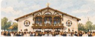 Visitors gathering near a large Oktoberfest tent