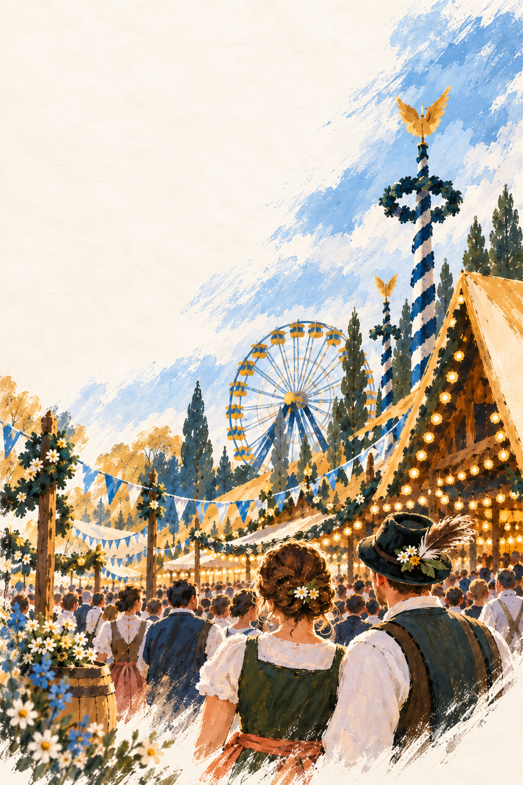 Illustrated first view of Oktoberfest with tents and festival rides